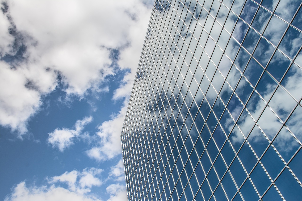 building, reflection, clouds, sky, skyscraper, architecture, city, glass, urban, modern, perspective, toronto, nature, construction, geometric, window, tower, blue sky, business, office, blue, building, construction, construction, business, business, business, business, business